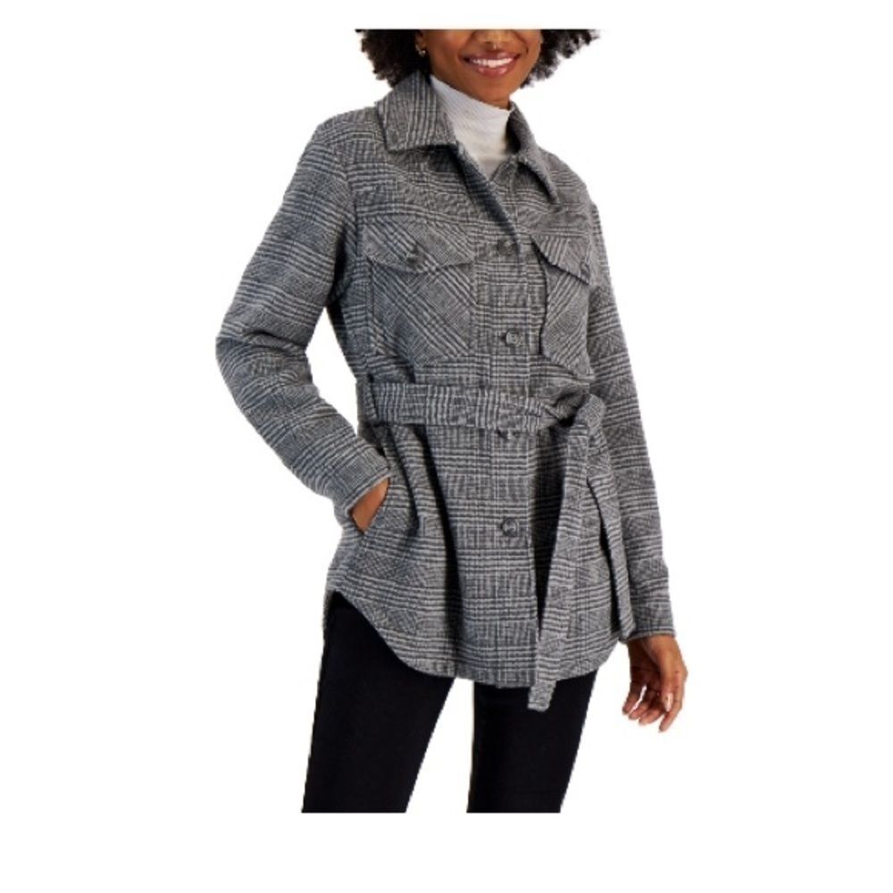 CoffeeShop Juniors' Belted Shirt Jacket,coat Grey Plaid size S - Picture 3 of 5